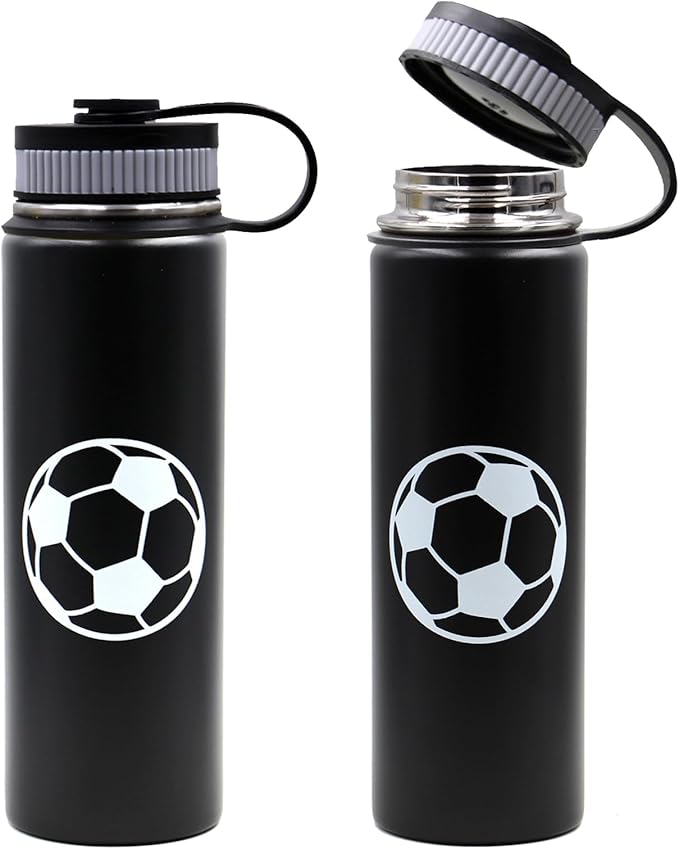 22 oz Soccer Water Bottle, Wide Mouth Travel Sports Flask with 2 Lids(Straw Lid+Flex Cap)BPA Free 18/8 Stainless Steel Double Wall Vacuum Insulated Water Bottles (22oz, Soccer)