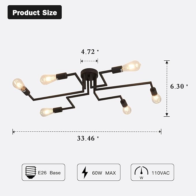 ZGLAOJT 6- Lights Ceiling Light Fixture,Vintage Semi Flush Mount Ceiling Light,Black Chandelier for Dining Room Living Room Kitchen Farmhouse.