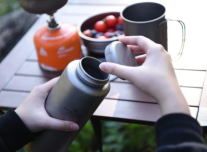 iBasingo 1050ml Titanium Bottle 600ml Nesting Cup Outdoor Camping Single Layer Wide Mouth Cookware Lightweight Portable Bottle Mug Hiking Picnic Solo Cooking Mess Kit