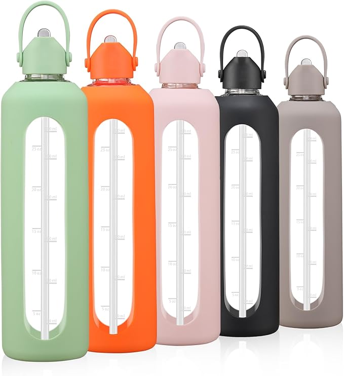 32 oz Glass Water Bottles with Straw Borosilicate Glass Water Bottle with Time Marker Motivational Water Bottles with Silicone Sleeve Leak Proof Reusable BPA Free