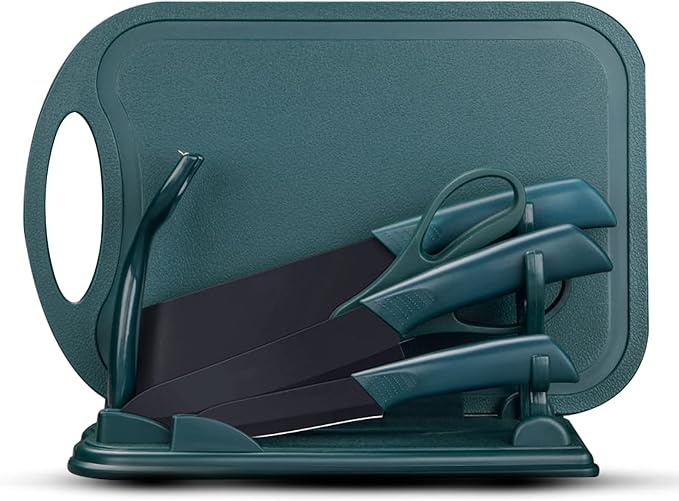 Magicorange 7-Piece Kitchen Knife Set - 5 Black Stainless Steel Knives with Sheaths, Cutting Board, and a Knife Block- Stainless Steel Kitchen Knives with PP Ergonomic Handle (Green)