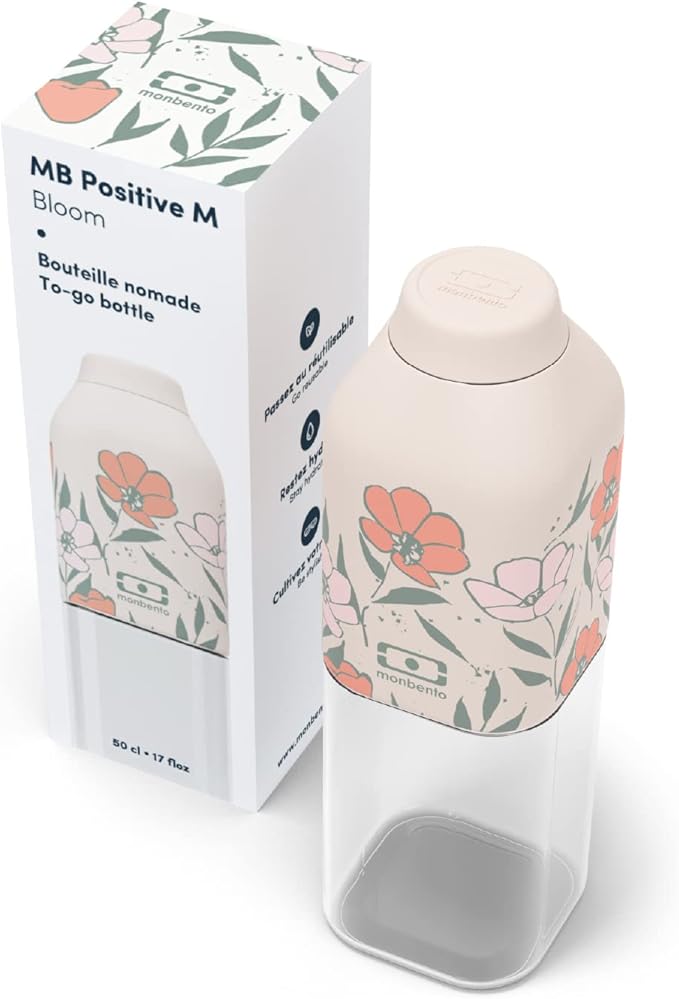 monbento - Water Bottle MB Positive M Bloom 17 Oz - Leakproof Water Bottle Perfect for Work, Travel, Sport, or to Slip into a Handbag - BPA Free - Food Grade Safe - Flowers Pattern - Pink