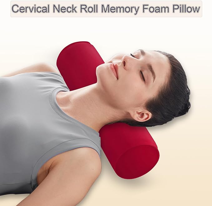 Round Cervical Roll Cylinder Bolster Pillow, 4" x 17" Orthopedic Cervical Roll Memory Foam Ergonomically Pillow forBed, Car, Office and Home Use,with Washable Cover (Rose Red)