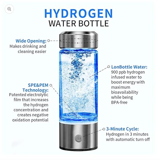 Hydrogen Water Bottle, Hydrogen Rich Water Generator, Rechargeable Portable Glass Hydrogen ,3Min Quick Electrolysis, for Daily Office Home Travel and Fitness Drinking