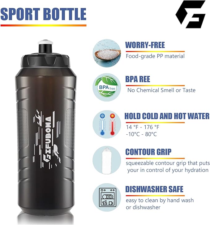 GIFUBOWA 1L Squeeze Water Sports Bottle 1 Liter Hockey Bottles 2 Pack - Easy Grip Design