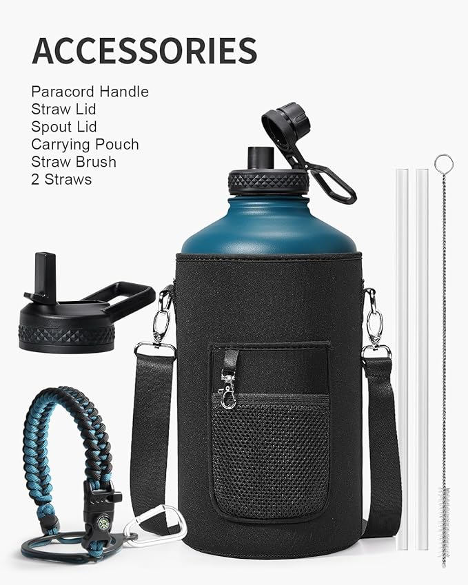One Gallon Water Bottle,128oz Insulated Flask Stainless Steel Vacuum, Cold for 48 Hrs,BPA-Free & Leakproof -with Paracord Handle,Strap,Straw Spout Lids,Large Jug for Gym Sports,Indigo Black