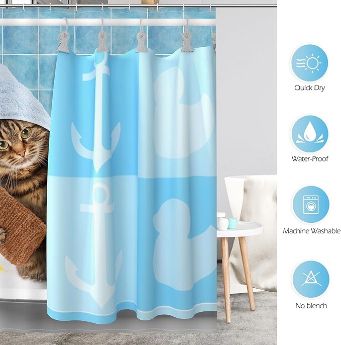 Aimego Extra Long Shower Curtain - Funny Bathing Cat Cute Kitten Taking Shower with Rubber Ducks Fabric Cloth Shower Curtain Set with 12 Hooks for Bathroom Decor Accessories Bathtub Curtain, 72"x84"