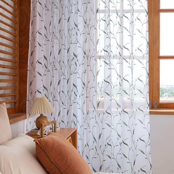 Windows Sheer Curtains Embroider Dark Green Leaf 95 Inches Length 2 Panels Voile Light Filtering Sheer Curtains Panel Basic Rod Pocket for Bedroom Living Room Children Room