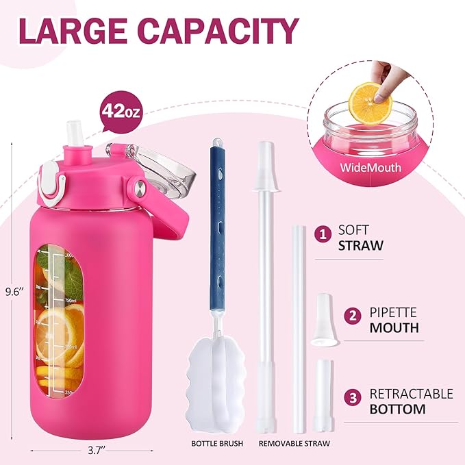 kytffu 42oz Glass Water Bottles with Straw, Motivational Glass Bottle with Silicone Sleeve and Time Marker, Leakproof Large Glass Water Jug for Gym Home Office,Rose red