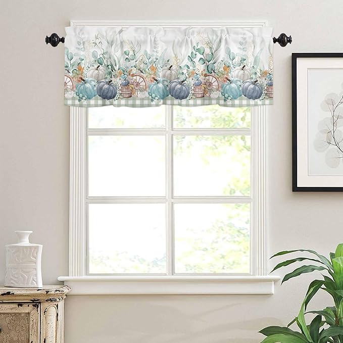 Fall Thanksgiving Kitchen Curtains and Valances Set, Blue Pumpkins Green Eucalyptus Leaves Small Windows Treatments Tiers Half/Short Curtains forCafe /Living Room/ Bedroom 54x24 in,Farmhouse Plaid