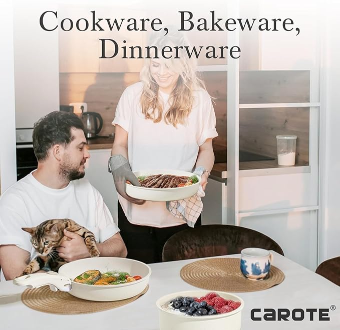 CAROTE 24pcs Detachable Handle Pots and Pan Set, Nonstick Induction Cookware, Removable Handle, RV Oven Safe Cookware, Kitchen Cookware Set Non Stick, Cream White