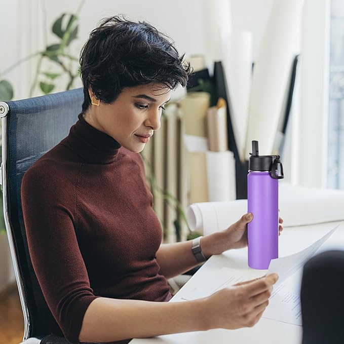 Volhoply 24oz Insulated Water Bottle With Straw Bulk 8 Pack,Metal Wide Mouth Water Bottles With Handle Lid Keep Cold,Reusable Double Wall Thermos,Powder Coated Sport Bottle For Holder(Purple,8 Count)