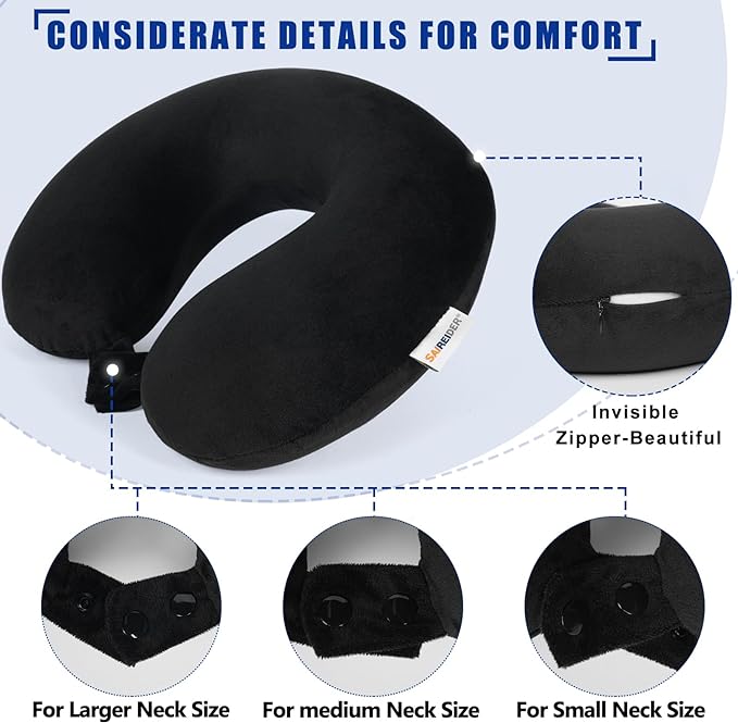 SAIREIDER Travel Pillow 100% Pure Memory Foam Travel Neck Pillow with Storage Bag, Airplane Pillow for Traveling、Car、Home、Office,Washable Cover(Black)