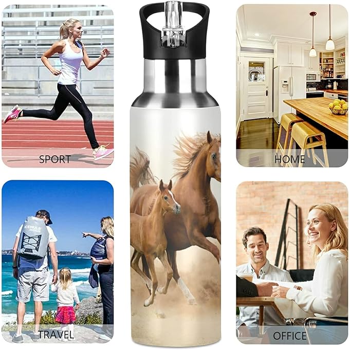 xigua Running Arabian Horse Water Bottle, BPA Free Stainless Steel Water Bottle Leak-Proof Sports Bottle for Camping Workouts Gym and Outdoor Activity, 22oz