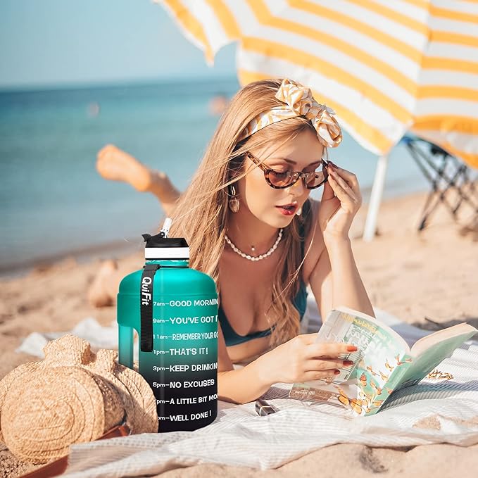 QuiFit Motivational Gallon Water Bottle - with Straw & Time Marker BPA Free Large Reusable Sport Water Jug with Handle for Fitness Outdoor Enthusiasts Leak-Proof