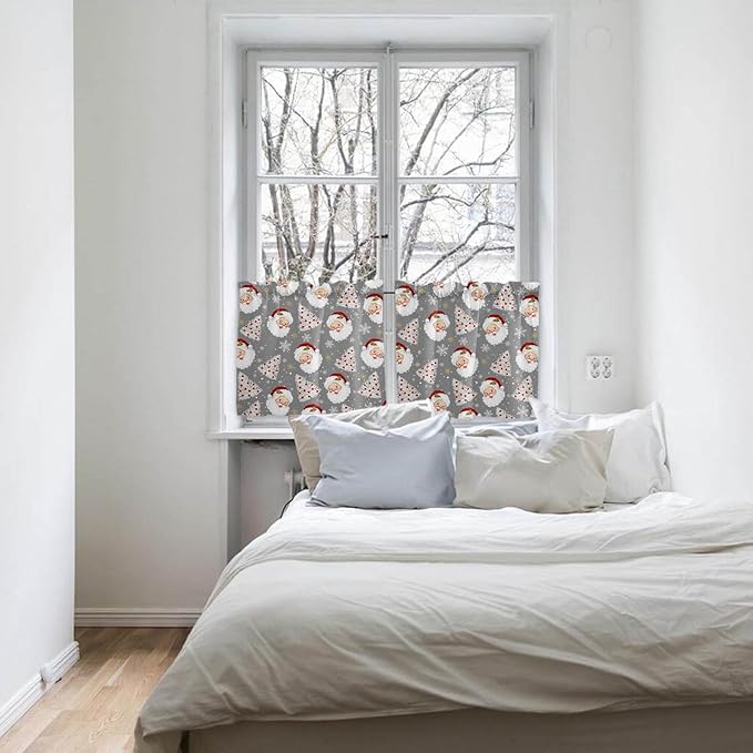 Grey Christmas Kitchen Curtains and Valances Set, Santa Claus Merry Christmas Tree Windows Treatments Tiers Half/Short Curtains for Small Windows Cafe/Living Room/Bedroom 54x24 in Winter Snowflake