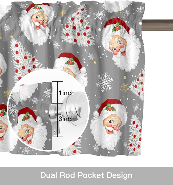 Grey Christmas Valance Curtains for Kitchen Windows Santa Claus Merry Christmas Tree Rod Pocket Window Treatment Toppers for Kitchen/Living Room/Bedroom/Bathroom, 54" X 18", Winter Snowflake