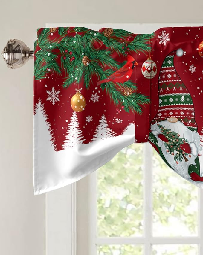 Christmas Gnomes Blackout Tie Up Valance Curtains for Kitchen Windows Red Winter Holidays Window Toppers Balloon Shades for Living Room/Bathroom/Bedroom,1 Panel,42" X 18" White Snowflakes Xmas Trees