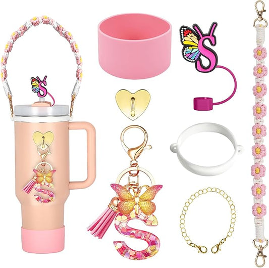 Stanley Cup Accessories Include Silicone Stanley Straw Cover, Butterfly Letter KeyChain Charms, Water Bottle Handle Strap, Boot and Chain for Stanley Cup 30oz 40oz Tumbler