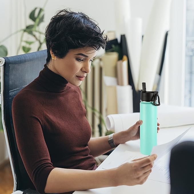 Volhoply 24oz Insulated Water Bottle With Straw Bulk 3 Pack,Metal Wide Mouth Water Bottles With Handle Lid Keep Cold,Reusable Double Wall Thermos,Powder Coated Sport Bottle For Holder(Mint,3 Count)