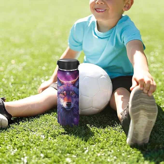 Galaxy Wolf Water Bottle Insulated 20 Oz Sport Water Bottles for Boys Kids Stainless Steel Water Bottles Metal Water Bottle Wide Mouth Bottle Vacuum Cup Purple Star