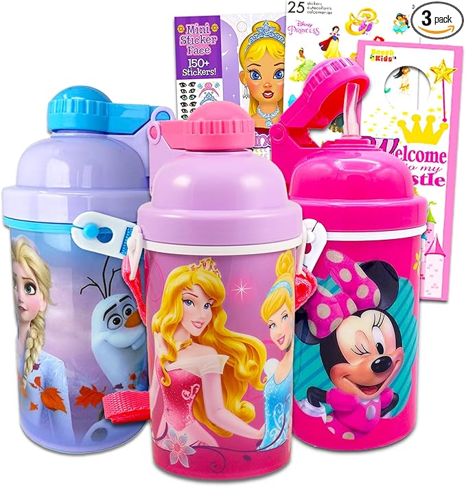 Disney Water Bottles for Girls- 3 Pc Disney School Supplies Bundle with Disney Drinking Bottles Featuring Disney Princesses, Frozen, Minnie Mouse Plus Sticker Activity Book, More