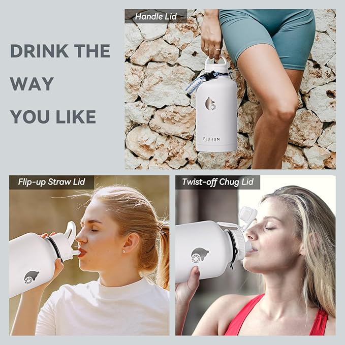 64 oz Insulated Water Bottle with Straw and Handle, Double Walled Vaccum Stainless Steel Half Gallon Water Bottle for Women, 3 Lids, Metal Canteen, Protective Sleeve, Gym & Outdoors Water Jug