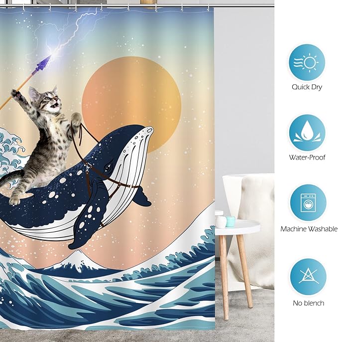 Aimego Stall Small Shower Curtain - Funny Cute Cat Riding Shark in Ocean Wave, Whale Cat Narrow Half Fabric Cloth Fun Shower Curtain Set for Bathroom Decor Bath Curtain, 36"x72"