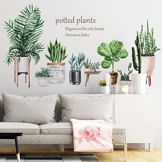 Green Plants Potted Wall Decals Tropical Plants Green Leaves Wall Stickers, DIY Vinyl Nature Wallpaper, for Living Room Background Wall Decoration Kids Bedroom Kitchen Office Girl Room