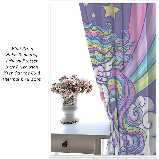 Kids Unicorn Curtains Purple Cartoon Rainbow Cartoon Room Blackout Curtains Boys Girls Baby Room Decor Curtains Living Room Decor 42x45 Inch 2 Panels