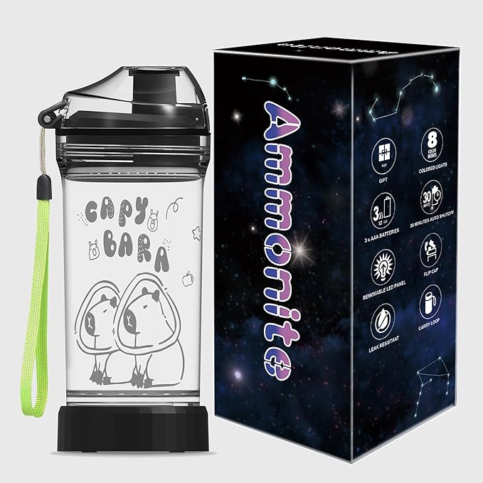Ammonite Capybara Water Bottle with 3D Glowing LED Light - 14 OZ Tritan BPA Free - Creative Ideal Travel Cup Gift for School Kid Boy Girl Child Holiday Camping Picnic