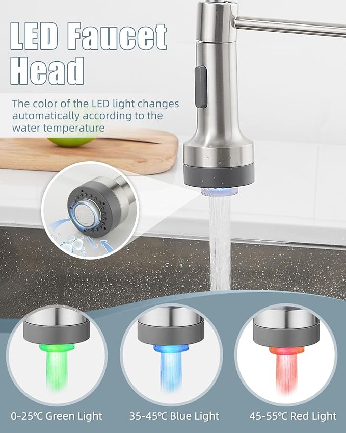 Kitchen Faucet with LED Light,Kitchen Faucet with Soap Dispenser,Faucet for Camper Farmhouse RV Kitchen Sink,Single Handle Stainless Steel Kitchen Sink Faucets with Pull Down Sprayer,Nickel Brushed