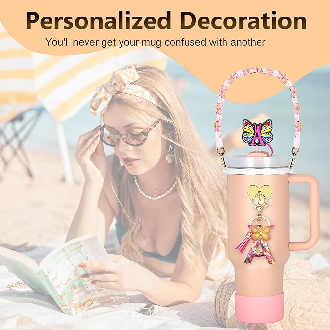 Stanley Cup Accessories Include Silicone Stanley Straw Cover, Butterfly Letter KeyChain Charms, Water Bottle Handle Strap, Boot and Chain for Stanley Cup 30oz 40oz Tumbler