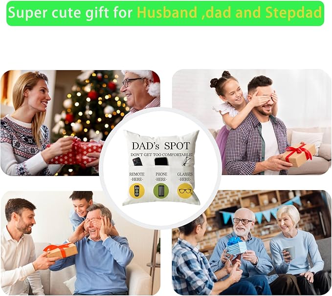 Father's Day Throw Pillow Case, Dad's Spot Throw Pillow Covers 18 x 18 Inch,Dad Gifts from Daughter Son,Birthday Christmas Thanksgiving Day Gifts for Papa Stepdad ,3-Pocket