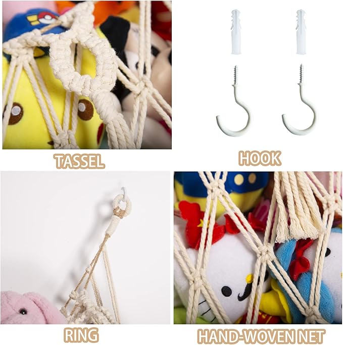 Stuffed Animal Net or Hammock Wall Hanging Net for Stuffed Animal Storage Macrame Toy Display Plush Toy Holder Soft Toy Organizer for Nursery Baby Bedroom Playroom-Cream