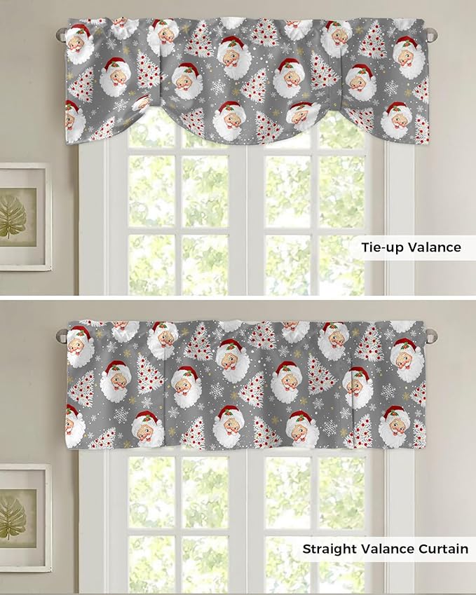 Grey Christmas Blackout Tie Up Valance Curtains for Kitchen Windows Santa Claus Merry Christmas Tree Window Toppers Balloon Shades for Living Room/Bathroom/Bedroom,1 Panel, 60" X 18", Winter Snowflake