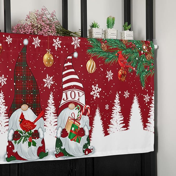 Christmas Gnomes Kitchen Curtains Valances for Windows Red Winter Holidays Rod Pocket Window Treatment for Kitchen /Living Room/Bedroom/ Bathroom,42" X 18" -1 Panel, White Snowflakes Xmas Trees