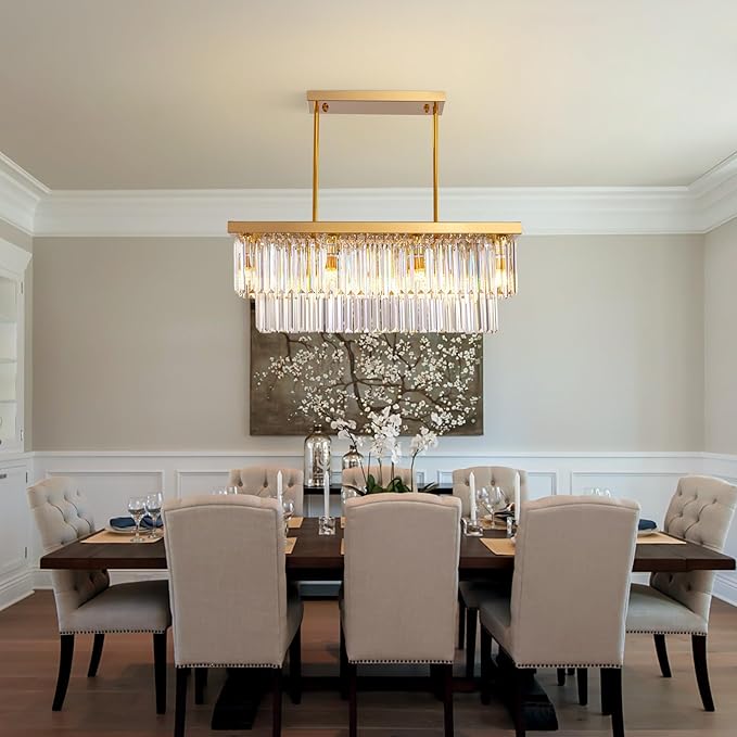 Siljoy 8-Light Modern Crystal Chandelier for Dining Room, Rectangular Gold 2-Tiers Crystal Raindrop Chandelier, Luxury Pendant Ceiling Light for Living Room Kitchen Island L31.5'' x W10'' x H10''