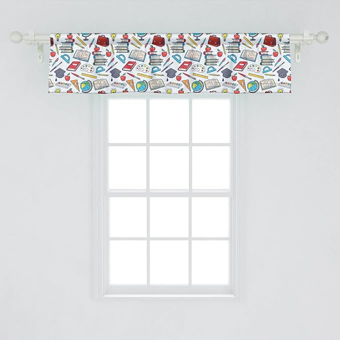 Ambesonne Science Window Valance Pack of 2, Elementary Theme Student Supplies Globe Paints and Brushes Books, Rod Pocket Curtain Valances for Kitchen Bedroom, 54" X 12", Blue Red