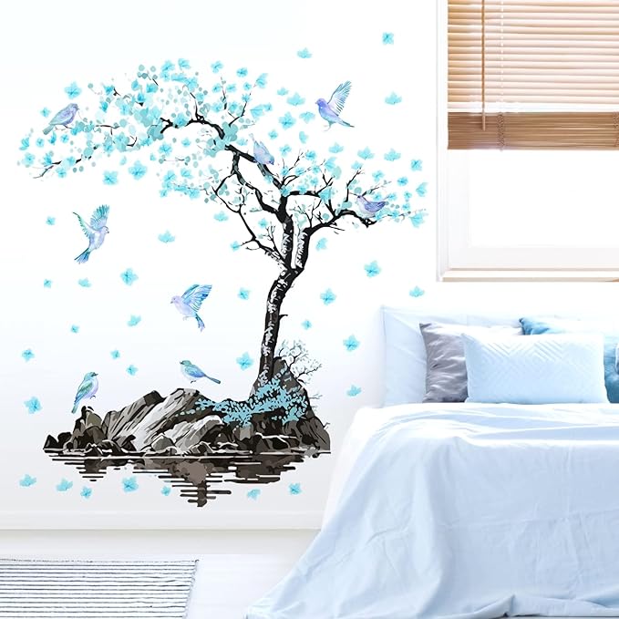 Large Flower Tree Wall Decals Blue Blossom Floral Wall Stickers Peel and Stick Wall Art Mural for Girls Bedroom Living Room Watercolor Bird Tree Branch Wall Stickers for Kitchen TV Background Decor