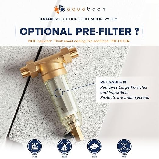 Aquaboon 3-Stage Whole House Water Filter System - w/CTO 5 Micron Water Filter 20" x 4.5" & Premium Polyphosphate & KDF Filters - w/Wrench, White Bracket & Pressure Gauges & Release Buttons (1" Port)