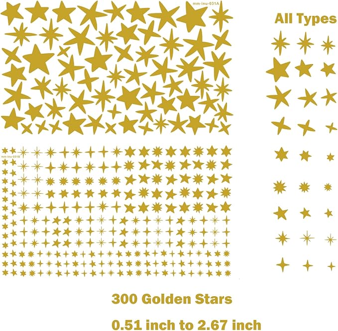 Sparkles and Stars Wall Decals, 300 Stars Wall Sticker, Sparkle Wall Decal, Space Kids Room Decor, Nursery Wall Art, Celestial Wall Stickers(Golden)