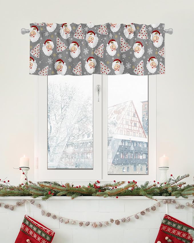 Grey Christmas Valance Curtains for Kitchen Windows Santa Claus Merry Christmas Tree Rod Pocket Window Treatment Toppers for Kitchen/Living Room/Bedroom/Bathroom, 54" X 18", Winter Snowflake