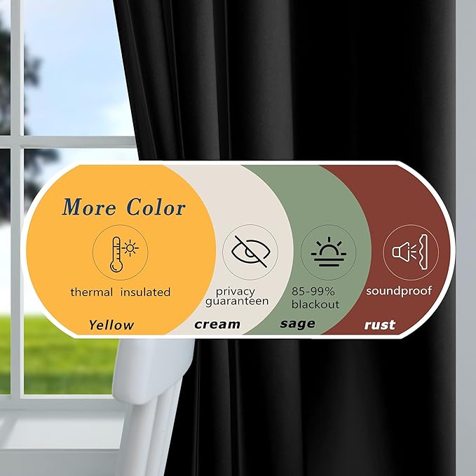 Mrs.Naturall Short Curtains for Windows,Blackout Curtains for Bedroom,Black,45 Inch Length