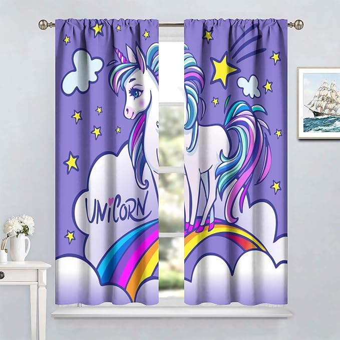 Kids Unicorn Curtains Purple Cartoon Rainbow Cartoon Room Blackout Curtains Boys Girls Baby Room Decor Curtains Living Room Decor 72x63 Inch 2 Panels