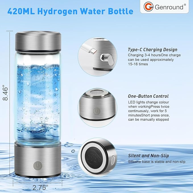 Hydrogen Water Bottle,Portable Hydrohealth Hydrogen Water Bottle Improve Water in 3 Minutes Quick,Hydro Water Bottle for Office Travel,Home,Exercise,and Daily Drinking,Fitness Drinking