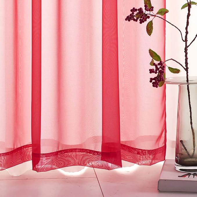 Red Sheer Voile Curtains Short Translucent Solid Color 45 Inch Length Panels Rod Pocket Red Sheers 45 inches long for Small Window Kitchen 2 Panels 52x45
