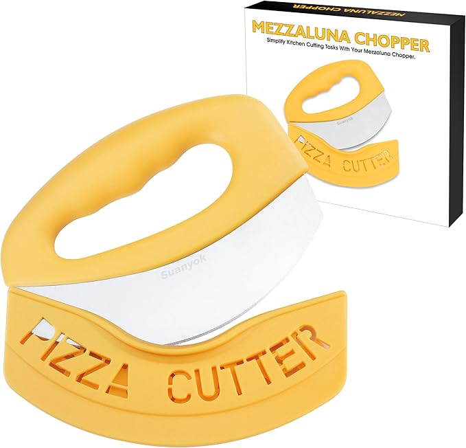 Premium Pizza Cutter Food Chopper-Super Sharp Blade Stainless Steel Pizza Cutter Rocker Slicer with Protective Sheath Multi Function Pizza Knife Kitchen Tools,Dishwasher Safe (Yellow)