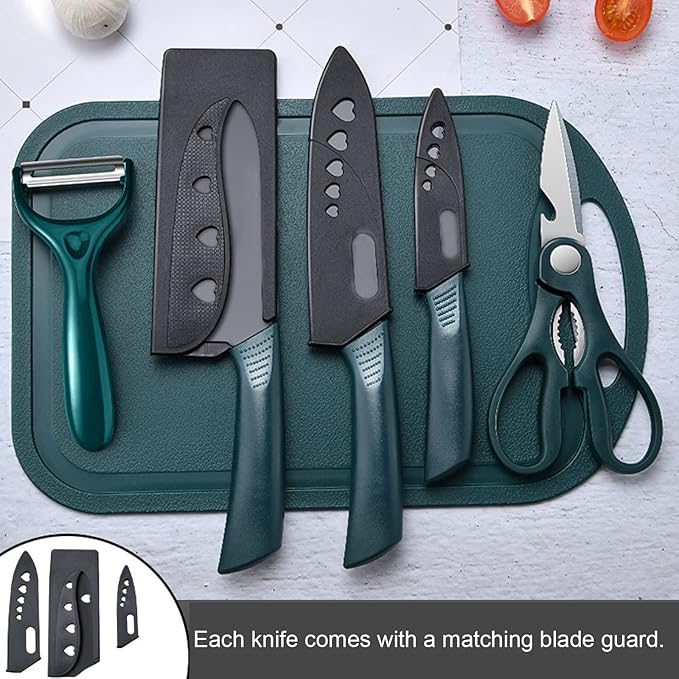Magicorange 7-Piece Kitchen Knife Set - 5 Black Stainless Steel Knives with Sheaths, Cutting Board, and a Knife Block- Stainless Steel Kitchen Knives with PP Ergonomic Handle (Green)