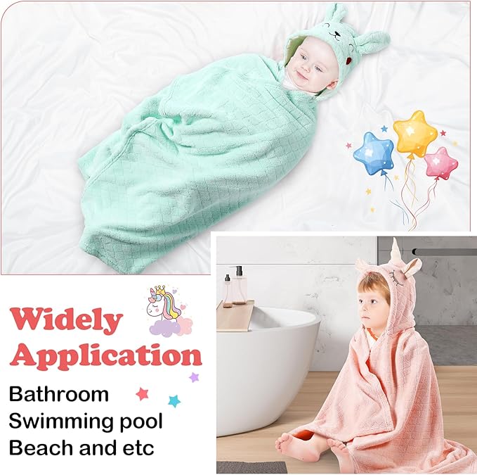 2 Pcs Toddler Hooded Bath Towel 50" x 32'' Thick Animal Hooded Towel for Kid Absorbent Baby Bath Towel Bathrobe Blanket for Boy Girls 0-5 Years(Pink, Green, Unicorn, Rabbit)